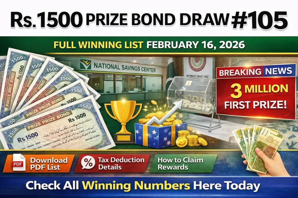 Rs 1500 Prize Bond List Result 2026 February 16 Online Check Draw Number 105 Complete List Download in PDF Check Your Lucky No